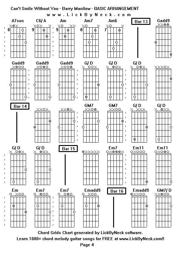 Chord Grids Chart of chord melody fingerstyle guitar song-Can't Smile Without You - Barry Manilow - BASIC ARRANGEMENT,generated by LickByNeck software.